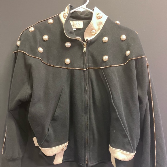 Vintage Cache Mary Dzenutis Black and Cream Women's Pearls Bomber Jacket XS/S - Picture 4 of 9